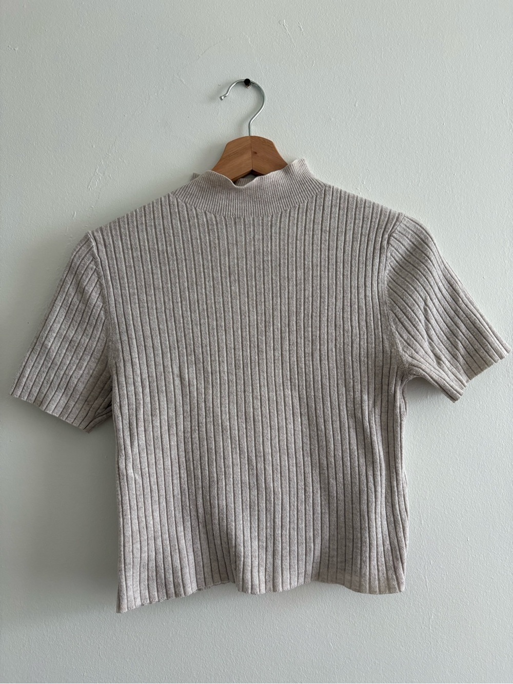 Mockneck Ribbed Short Sleeve Top - Beige